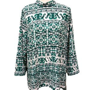 H&M Blouse Size 14 Long Sleeve Flowy Green and White Print Longer Top